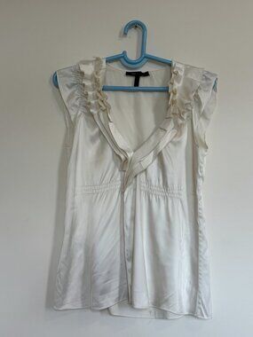 BCBG White Satin Ruffle V-Neck Blouse Smocked Waist Size M